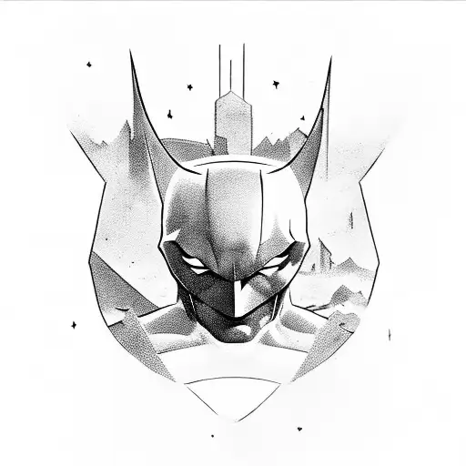 Batman de pie en la oscuridad, con la ciudad de Gotham en la distancia, iluminada solo por las luces tenues de los edifi tattoo design idea