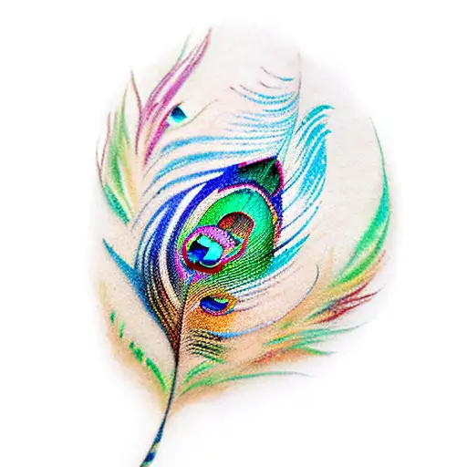 Colourful peacock feather quill with a nip drawing human footprints on a paper tattoo design idea