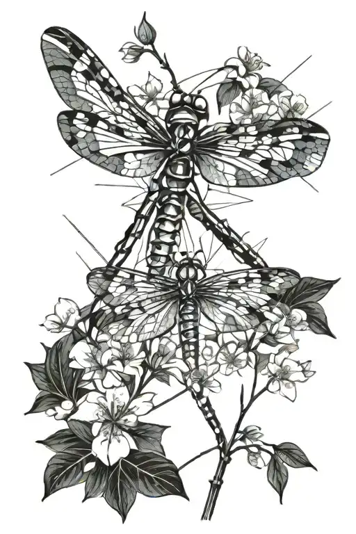 Dragonfly, almond blossom, Libra symbol tattoo design idea
