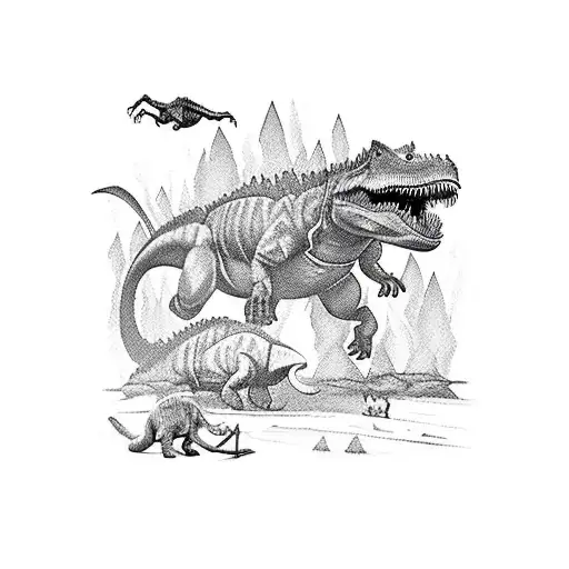 A TV screen displaying an epic battle between dinosaurs and carpenters tattoo design idea