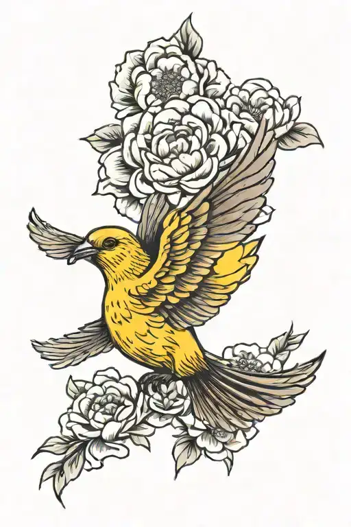 yellow bird flying away with a peony flower tattoo tattoo design idea