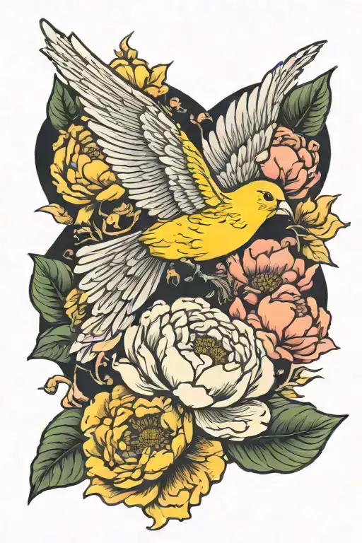 yellow canary bird flying carrying peony flower tattoo tattoo design idea