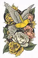 yellow canary bird flying carrying peony flower tattoo tattoo design idea