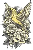 yellow canary bird flying carrying peony flower tattoo tattoo design idea