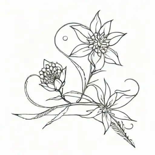 Edelweiss flower in the middle of a long straight line with an n on it and s on the other side and around the flower coordinates tattoo design idea