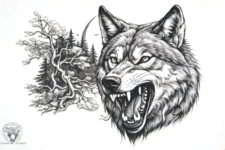 wolf with human heart in mouth. baring teeth. surrounded by a forest and a full moon tattoo design idea