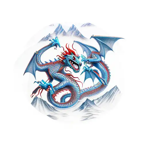 dragons battling angels in mountains  tattoo design idea