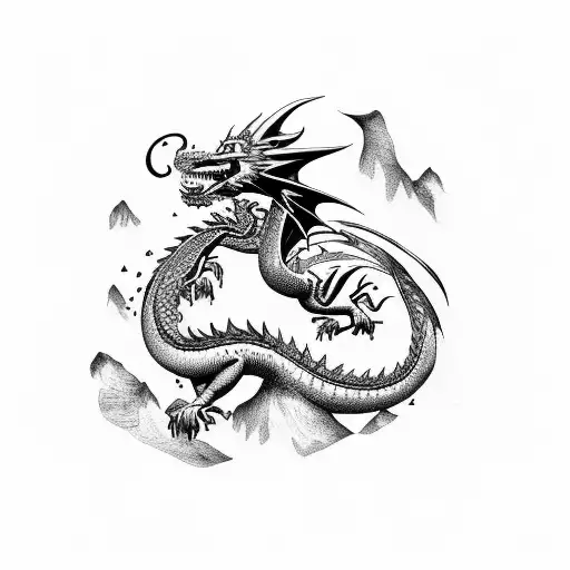 dragons battling angels in mountains  tattoo design idea