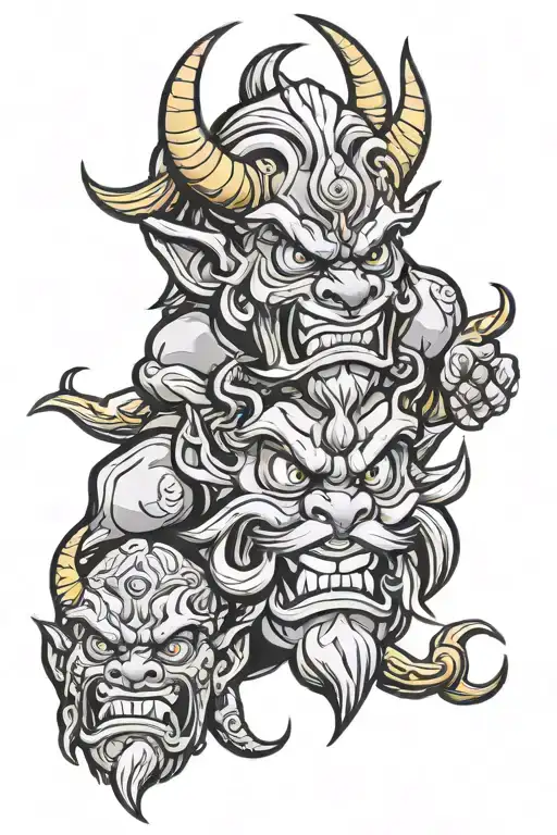 oni mask, atlas holding the world and zeus tattoo design idea