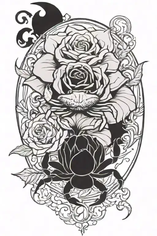 white rose, moon, crab, water element, cancer zodiac tattoo design idea