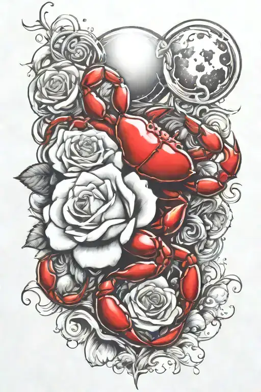 white rose, moon, crab, water element, ruby, cancer zodiac  tattoo design idea