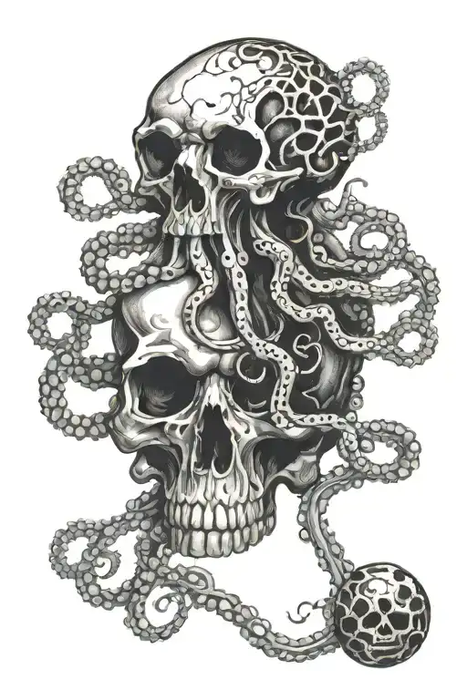 blue ring octopus surrounding a skull tattoo design idea