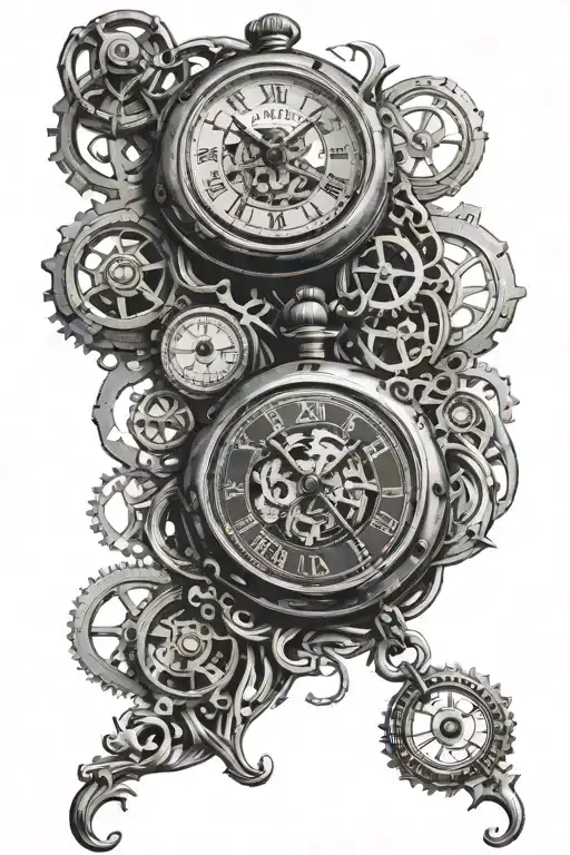 Superrealistic, black and gray style, watch mechanisms under skin tears, stitch pocket watch dial tattoo design idea