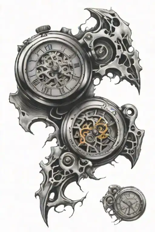 Superrealistic, black and gray style, watch mechanisms under torn skin, 1 pocket watch dial at 4:20 tattoo design idea