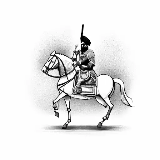 A Sikh warrior riding a horse into battle, wielding a sword in one hand and a police badge in the other tattoo design idea