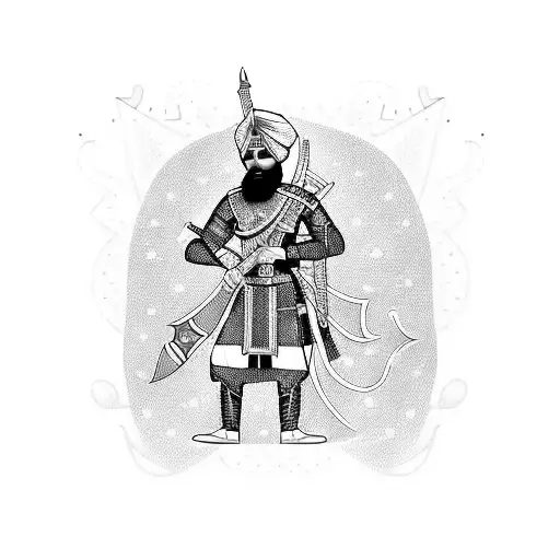 A mix of traditional Sikh warrior and police officer symbols, such as a horse with a sword and a badge, in a blackwork style tattoo design idea