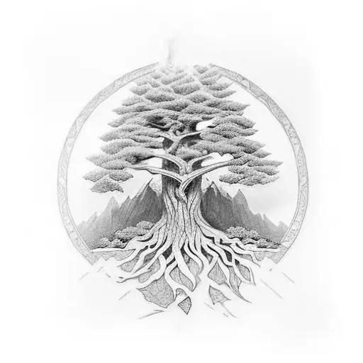 A black-grey tattoo of the Tree of Gondor with intricate geometric details tattoo design idea