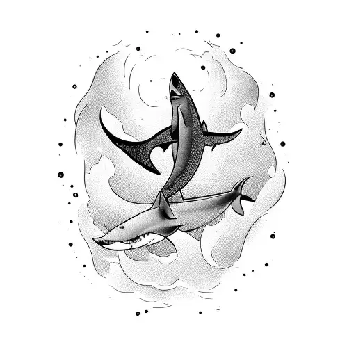a swimmer is diving and swimming with a great shark tattoo design idea