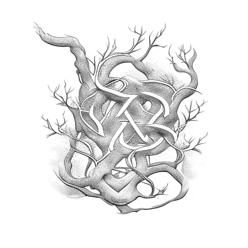 tattoo with the letter S N and P intertwined in the roots of a tree that symbolizes life tattoo design idea