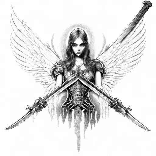 falen angel half dead with sword in hands tattoo design idea
