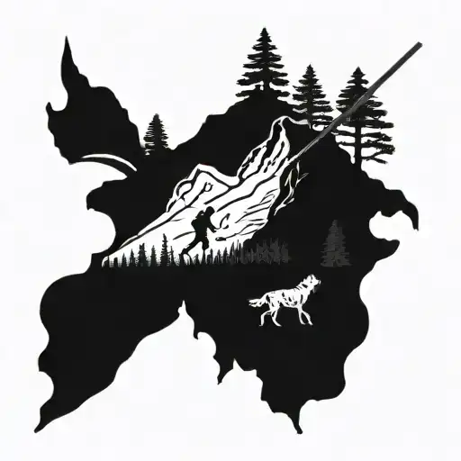 A blackwork tattoo of a hiking trail leading up a mountain, with a chef's hat and cooking utensils scattered along the path, incorporating silhouettes of animals like wolves and eagles tattoo design idea