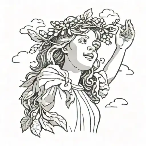 girl reaching for the sun, laurel wreath, clouds, view from below tattoo design idea