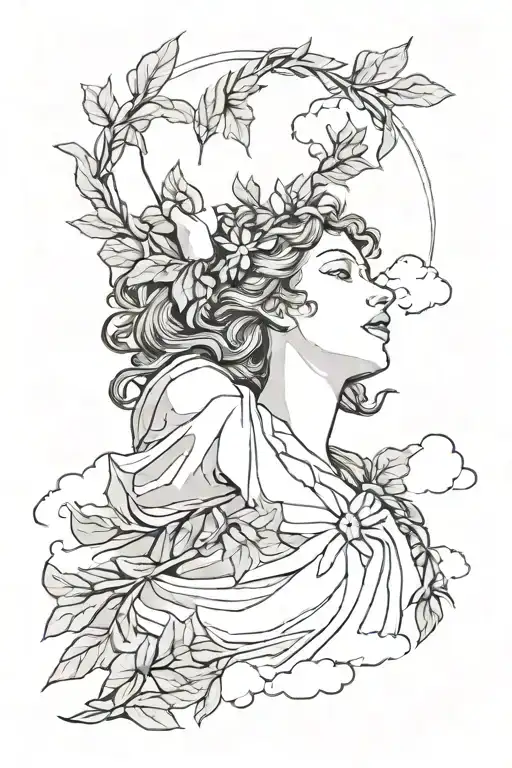 woman reaching for the sun, laurel wreath, clouds, view from below tattoo design idea