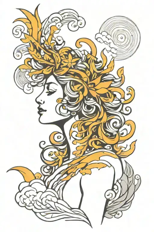 woman reaching for the sun, laurel wreath, clouds tattoo design idea