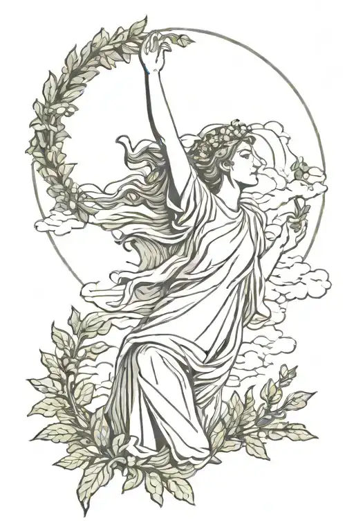 woman reaching for the sun, laurel wreath, clouds tattoo design idea