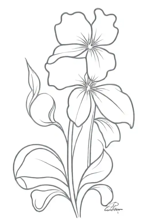 black and white violet with stem that elegantly spells "Cali 2-3-04" tattoo design idea