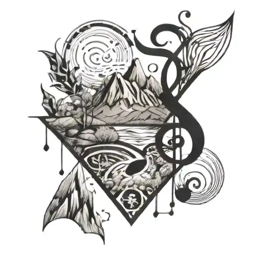 A tattoo representing the student's love for music and relaxation, incorporating musical notes and a serene mountain landscape tattoo design idea