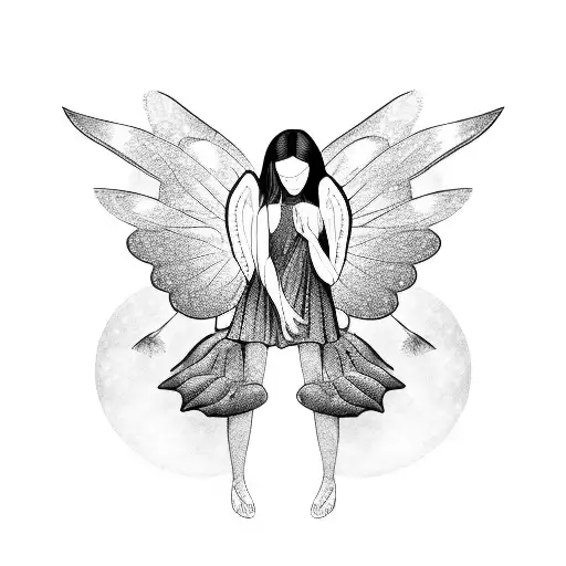 angel mother hold daughter with butterflies tattoo design idea