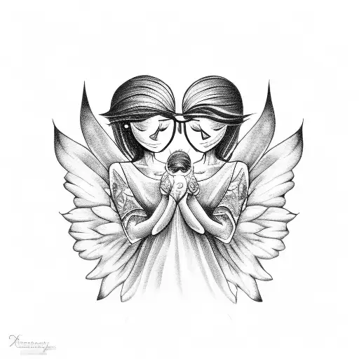 angel mother holding daughter with butterflies tattoo design idea
