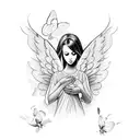 angel mother holding daughter with butterflies tattoo design idea