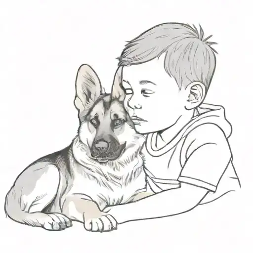 the face of a 2 year old boy sitting with his german shepherd dog, the dogs left ear is hanging tattoo design idea