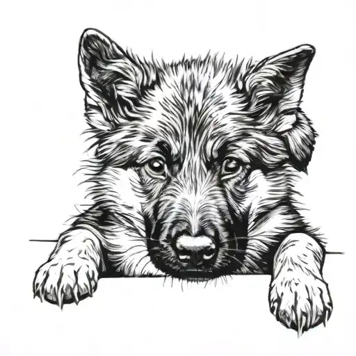 the face of a 2 year old boy sitting with his german shepherd dog, the dogs left ear is hanging tattoo design idea