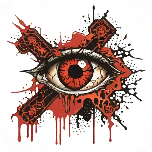 Dark black broke Satanic cross Realistic Eye, cracked and bleeding. dark black and blood red. golden cross. demonic tattoo design idea