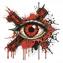 Dark black broke Satanic cross Realistic Eye, cracked and bleeding. dark black and blood red. golden cross. demonic tattoo design idea