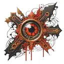 Dark black broke Satanic cross Realistic Eye, cracked and bleeding. dark black and blood red. golden cross. demonic tattoo design idea