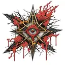 Dark black broke Satanic cross Realistic Eye, cracked and bleeding. dark black and blood red. golden cross. demonic tattoo design idea