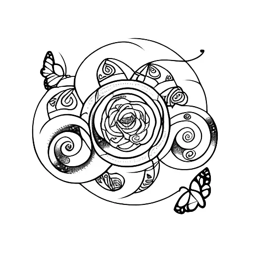 linear unalome with moon phases, butterfly, flowers and leaves tattoo design idea
