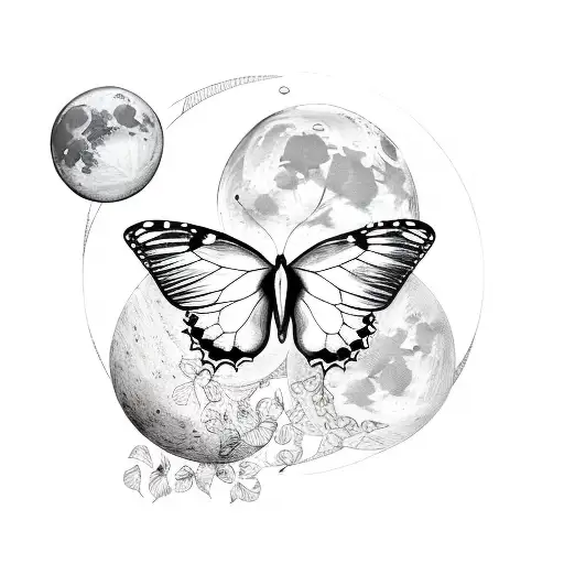 linear unalome with moon phases, butterfly, flowers and leaves tattoo design idea