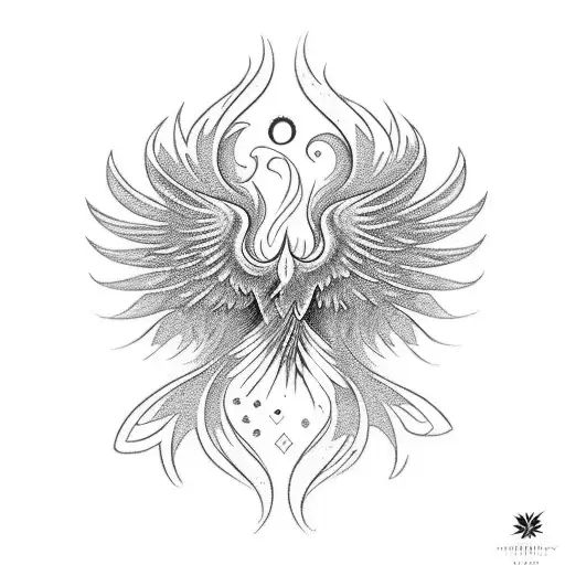 phoenix rising up. wings equal on each side. floral and spiritual elements. black ink. feminine tattoo design idea