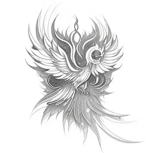 phoenix rising up. wings equal on each side. floral and spiritual elements. black ink. feminine tattoo design idea