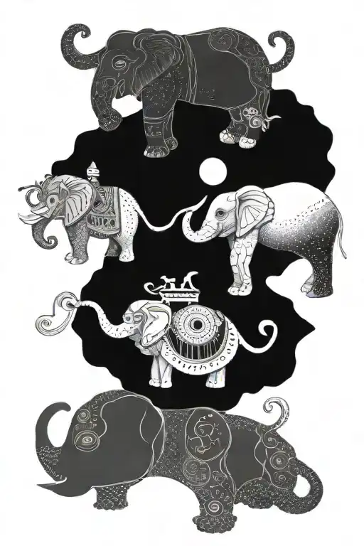 A combination of the three wise elephants and musical instruments in a dotwork style tattoo design idea