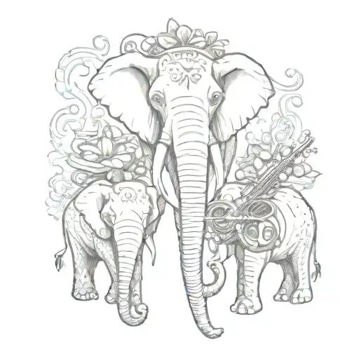 A combination of the three wise elephants and musical instruments in a dotwork style tattoo design idea