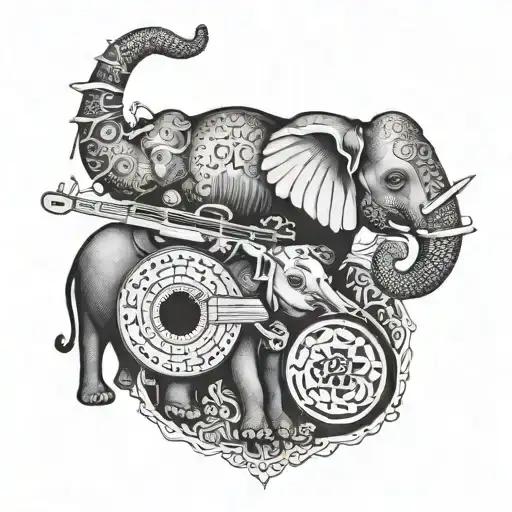 A combination of the three wise elephants and musical instruments in a dotwork style tattoo design idea