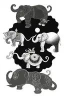 A combination of the three wise elephants and musical instruments in a dotwork style tattoo design idea
