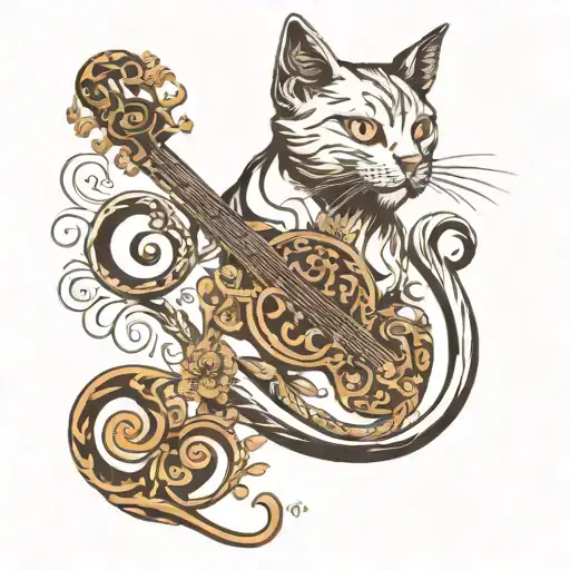 treble clef in the form of a cat, head on the left, foot of the key, cat's paw. Body of the key, base of the key, laconic tattoo design idea