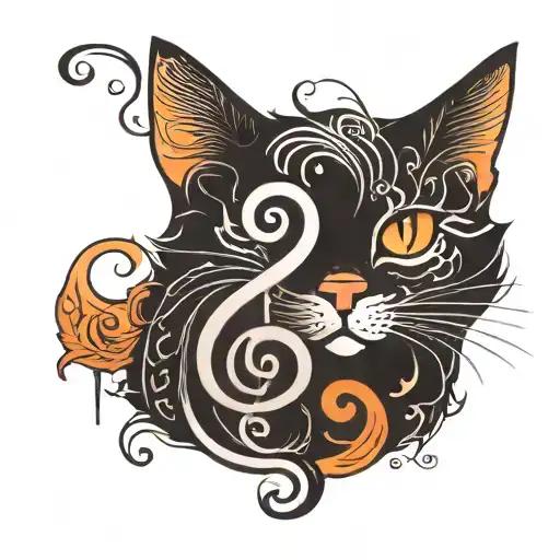Create a color tattoo in a laconic style: a cat organically inscribed in the shape of a treble clef. tattoo design idea